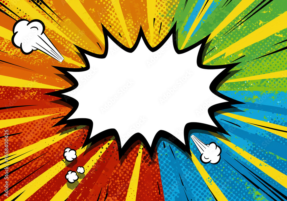 Fototapeta premium Colorful comic book explosion with halftone pattern and blank white speech bubble for text space use