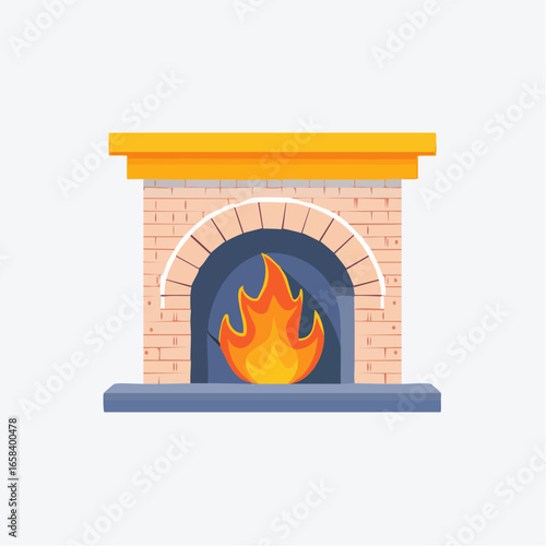 Simple Flat Style Illustration Of Fireplace With Burning Fire