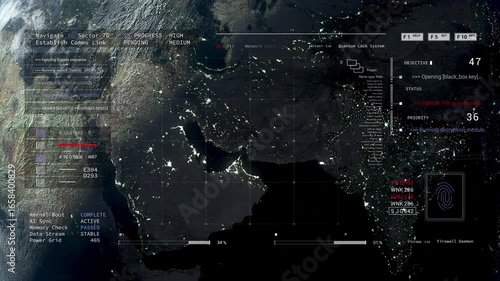 HUD Planet out of space 2GFX map Technology infographic elements appearing Sci Fi 2D texture. User Interface data display.