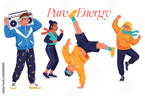 Trendy urban characters performing activities like handstand, skateboarding, cycling, and walking, showcasing modern lifestyle and fashion diversity.