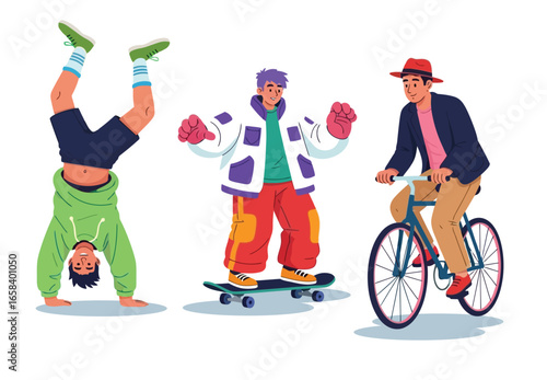 Trendy urban characters performing activities like handstand, skateboarding, cycling, and walking, showcasing modern lifestyle and fashion diversity.