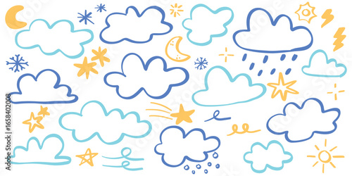 Cute handdrawn weather doodle vector set with clouds, rain drops, snowflakes, sun, storm and sky symbols in soft colors for educational illustration, forecast graphic, kid material and seasonal art