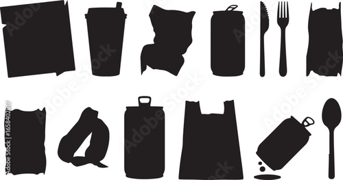 Silhouette of Discarded Waste Paper and Beverage Cup on Transparent Background Vector