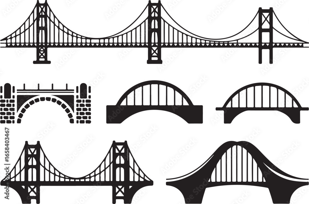 Fototapeta premium Architectural Bridge Silhouette Collection Diverse Span Structures Vector Art