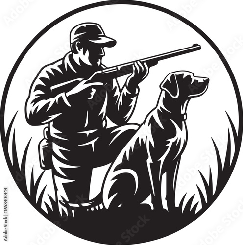 Hunter and Dog Vector Illustration in Silhouette for Outdoor Activities