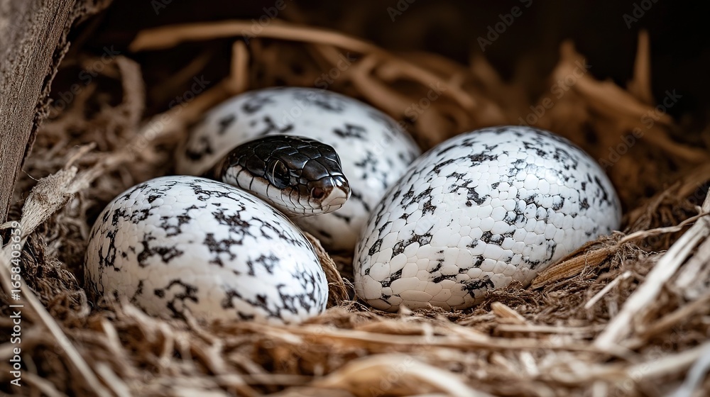 Obraz premium Snake guarding eggs in a nest