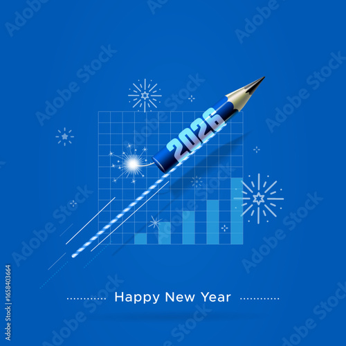 Happy new year 2026. Business growth and celebration concept design. Pencil rocket with financial chart vector illustration.