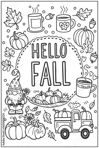 hello fall season line art illustration for coloring book