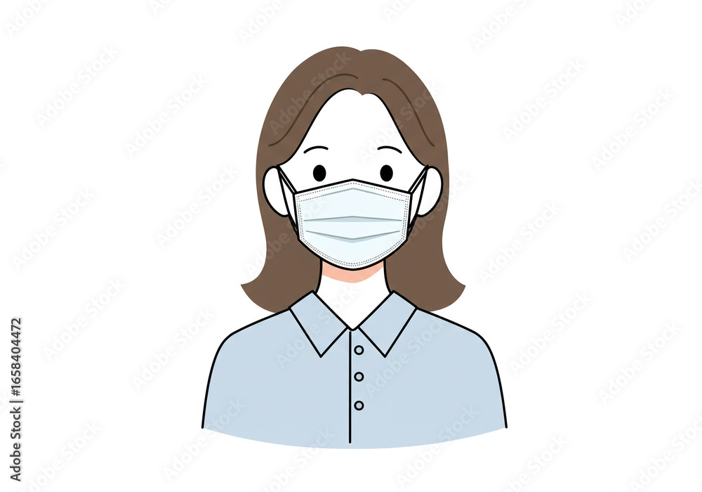 Fototapeta premium Illustration of Person Wearing Face Mask – Health and Safety Concept with Brown Hair and Blue Shirt for Pandemic Awareness and Medical Use
