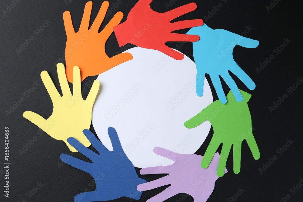 Fototapeta premium Tolerance concept. Colorful paper hands and empty card on black background, flat lay. Space for text