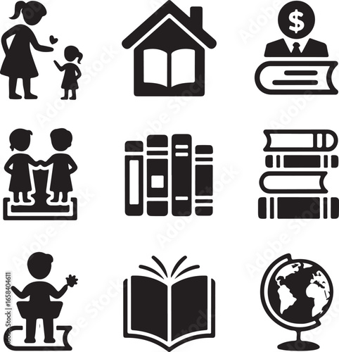 homeschooling, icon, set, education, at, home, learning, knowledge, child, development, parent, teacher, simple, solid, icon, set, vector