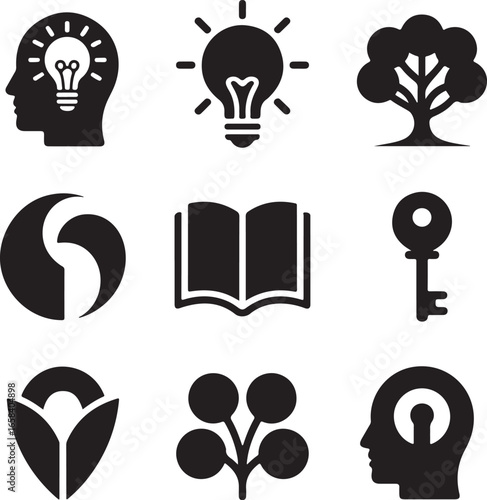 knowledge, icon, set, idea, wisdom, education, growth, learning, solution, creativity, simple, solid, black, icon, set, vector