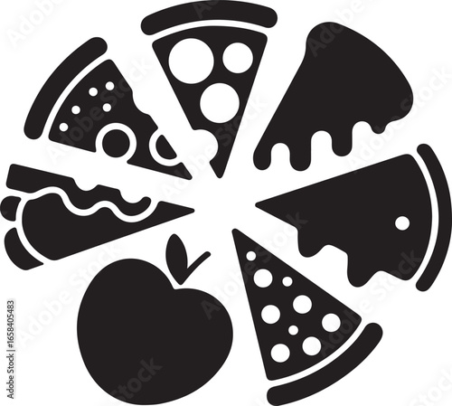 Pizza Slices and Apple Vector Illustration on Transparent Background for Food Concept