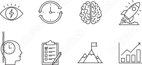 Business and success outline icons including brain, rocket, checklist and mountain peak