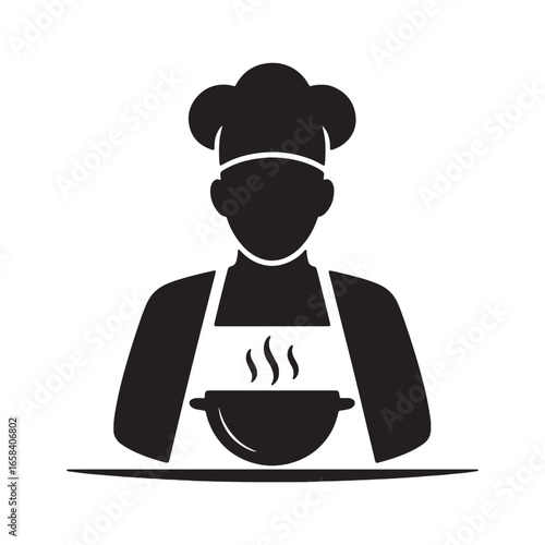 Chef with a steaming pot black and white cooking illustration for culinary design needs creative industry applications