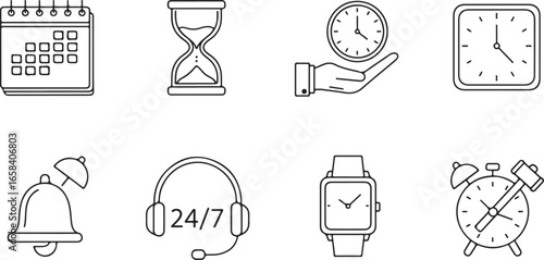 Time and scheduling icons with calendar, hourglass, clock, watch, and alarm Keywords: time, scheduling, calendar