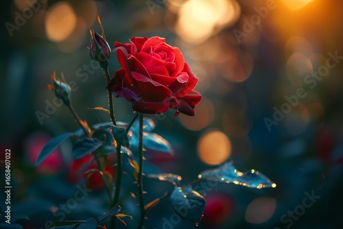 Fototapeta Naklejka Na Ścianę i Meble -  Beautiful red rose with water drops blooming in golden hour sunlight with bokeh effect in background