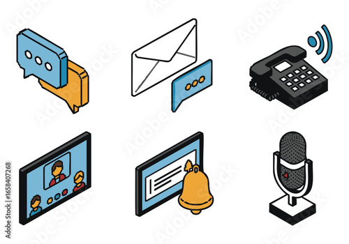 Isometric Icons: Communication Methods - Email, Phone, Video Call, Messaging, Notifications