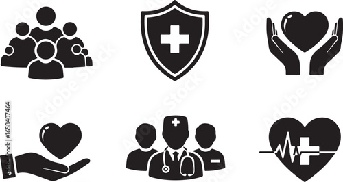 Icons representing healthcare, insurance, and medical services people group