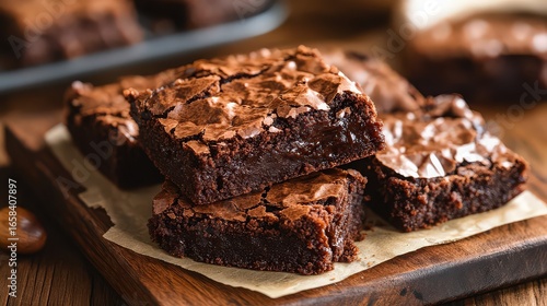 Close up of delicious chocolate brownies stacked on a wooden board with a tray in the background