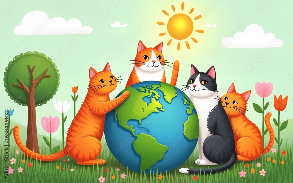 Obraz premium Cats around planet. Like child`s hand drawn cartoon doodle colorful vector art. World ecology globe. Cat`s day. Crayon, pencil, pastel chalk stroke art. Green day. Tree, flower, pet animal.