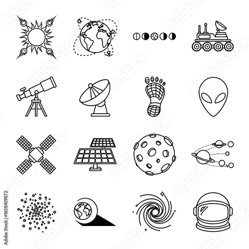 Space exploration elements depicted as line art symbols representing astronomy, astrophysics, and space travel on white backdrop, creating a minimalist and scientific feel.