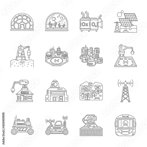 Extraterrestrial elements depicted as outline drawings representing alien encounters and spacecraft in a minimalistic style.