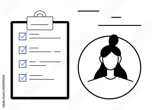 Clipboard with checklist next to a female portrait in a circular frame. Ideal for planning, organization, profile setup, workflow, productivity, personal management, simple landing page