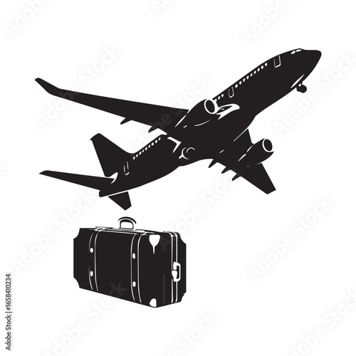 Vector art of silhouette of an airplane taking off with a suitcase below, isolated on white background