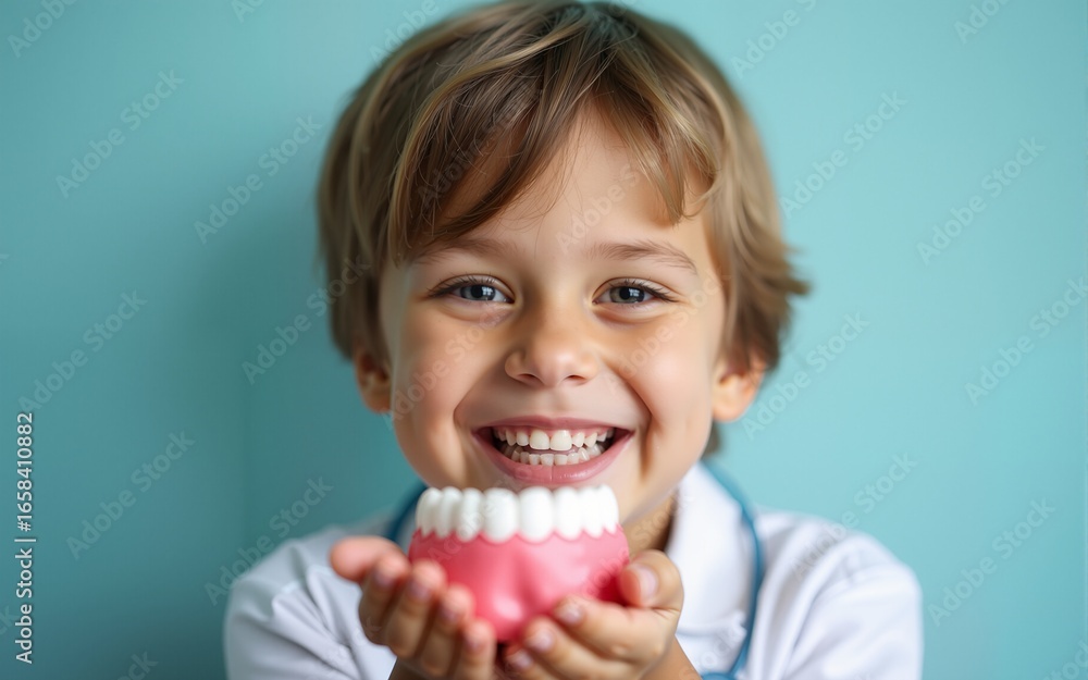Cute charming little dentist holds model jaws in the palm of his hand close to face, smiling broadly, showing his perfect teeth. Children's Dentistry - tooth fairy. National dentist s day Cute charming little dentist holds model jaws in the palm of his hand close to face, smiling broadly, showing his perfect teeth. Children's Dentistry - tooth fairy. National dentist s day