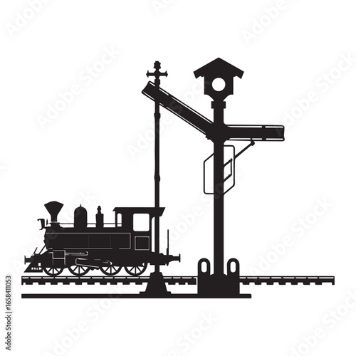 Vector art of silhouette of a vintage steam train engine with a railway signal, isolated on a white background, representing historical transportation and travel