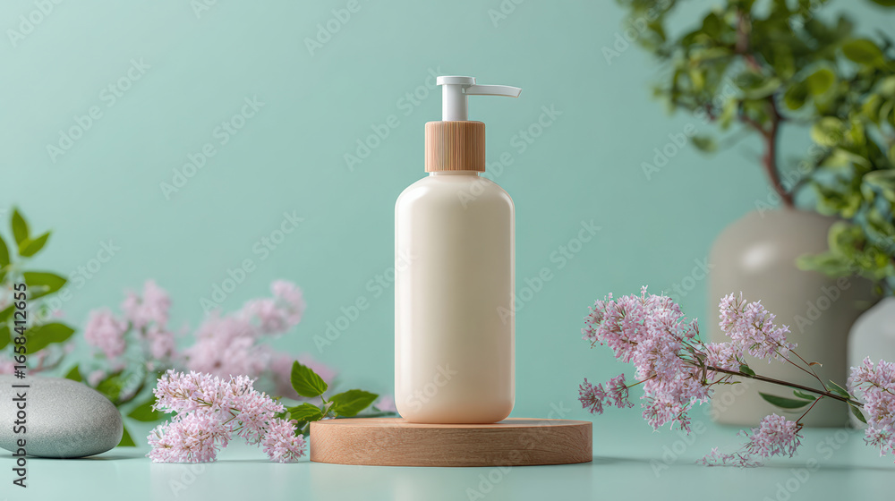 Stylish body lotion pump bottle is elegantly displayed on wooden base, surrounded by soft flowers and greenery, creating serene and inviting atmosphere Stylish body lotion pump bottle is elegantly displayed on wooden base, surrounded by soft flowers and greenery, creating serene and inviting atmosphere