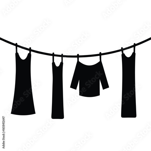 Simple silhouette of a clothesline with various garments hanging to dry