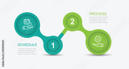2 step process infographic element with icons suitable for workflow, business information and presentation