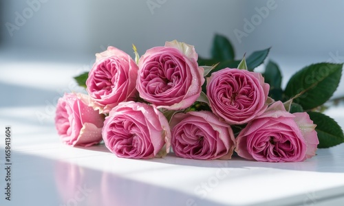 A cluster of blush-pink garden roses with green foliage, bathed in soft light