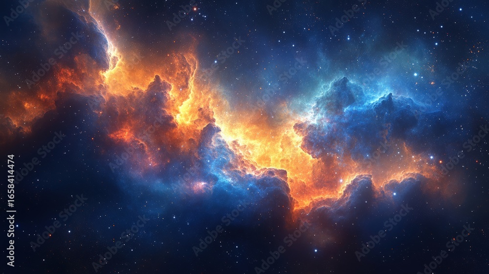 Fototapeta premium A vibrant cosmic nebula glowing with fiery orange and cool blue hues, set against a star-studded deep space background.