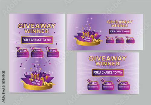 giveaway like follow share for a chance to win prizes with a gift box exploding in confetti's. Chance to win Vector illustration flyer poster banner set design.