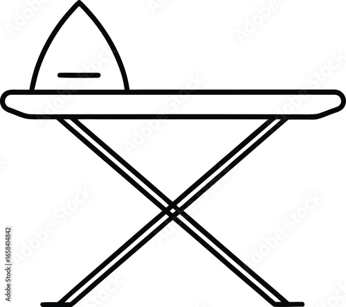 Clean minimalist line art illustration of an ironing board with an iron for household chores
