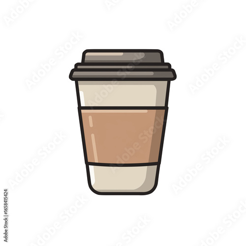 Minimal vector illustration of a disposable coffee cup with lid and sleeve isolated on transparent white background, png. 