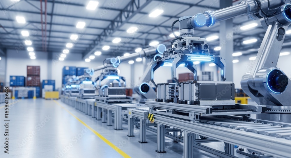 Naklejka premium Modern warehouse floor with assembly line robots receiving battery packs illustrating innovation in energy logistics solutions.
