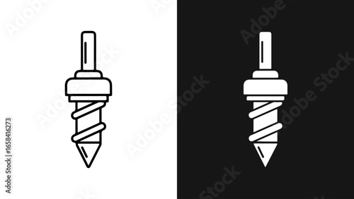 A drill bit illustration is shown in monochrome, featuring line art and solid versions.