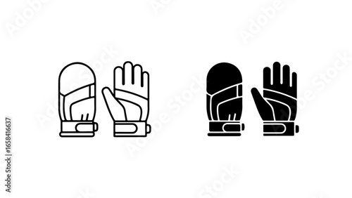 Outline and solid style icons of winter gloves and mittens are displayed.