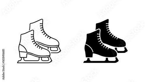 Two pairs of ice skates are depicted in outline and silhouette styles on a white background.