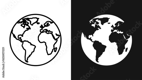A minimalist globe icon is presented in two contrasting monochrome styles.