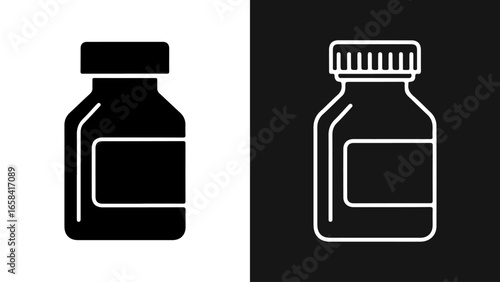 A medicine bottle icon is depicted in solid and outline styles on contrasting backgrounds.