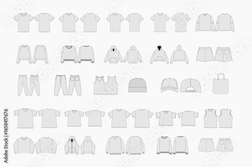 Vector Apparel Mockups Collection Men's T-Shirt Hoodie Baseball Cap Joggers Sweatshirts Shorts Tote Bag Tshirt Socks Beanies Pants Vector Illustration Bundle Clothing Mock up Template Apparel Mockups