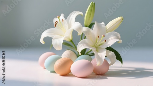 Easter Composition with White Lilies and Pastel Eggs