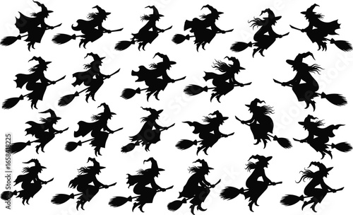 Silhouettes of Witches Riding Brooms, Halloween Themed, Magical Flying, Spooky Witchcraft Illustration