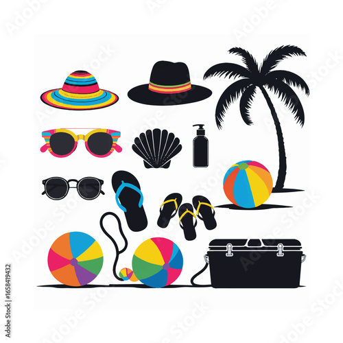Vector art of vibrant collection of summer beach vacation essentials including hats, sunglasses, beach ball, cooler, and palm tree isolated on white background