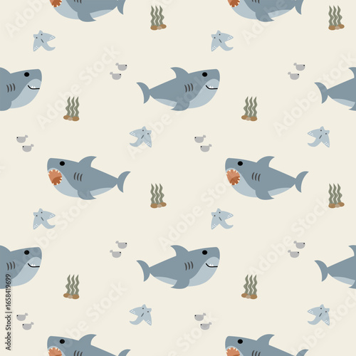 Shark cartoon so cute. On seaweed fish manta ray background. Pattern seamless vector illustration. 